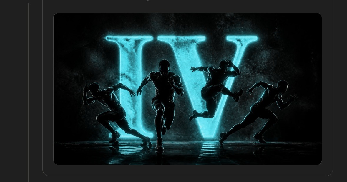Glowing neon Roman numeral IV with athletes sprinting and jumping in a dark training space